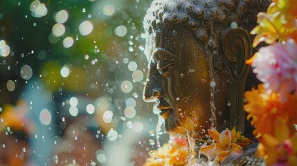 Sprinkle water onto buddha with water with flowers , thai traditional perfume and Jasmine garland to worship during the Thai Songkran festival.