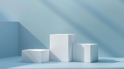 Square podiums are white. Abstract background. A stage for the demonstration of cosmetics. Podium for the award, consisting of three 3 square figures of different sizes on a blue background. Showcase