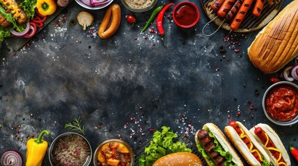 Summer BBQ food corner border with hot dog and hamburger buffet. Top down view over a dark slate banner background. Copy space. - Powered by Adobe
