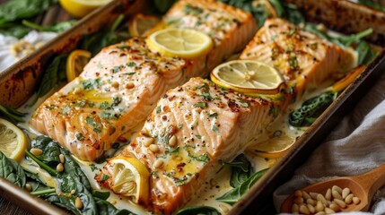   A pan of salmon, topped with lemons, spinach, and pine nuts, rests on a table A wooden spoon is nearby