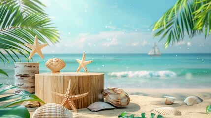 Obraz premium Summer product display on wooden podium at sea tropical beach
