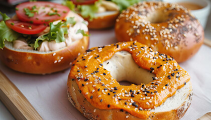 Bagel Bliss: Indulging in the Irresistible Chewiness of Freshly Baked Bagels Topped with Creamy Spreads and Delicious Fillings