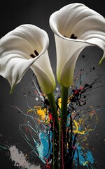 Elegant White Calla Lilies with Vibrant Abstract Paint Splatter on Dark Background – Modern Floral Art for Contemporary Decor