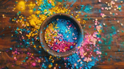 top veiw colorful holi powder in bowl on wooden table closeup on the table happy holi festival of colors art - obrazy, fototapety, plakaty