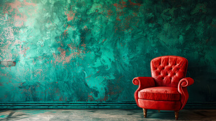 1990's Vintage Decor with Velvet Chair and Emerald Wall
