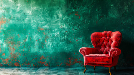 Classic 90's Velvet Chair Against a Text-Ready Emerald Wall

