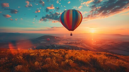 a hot air balloon flying over a valley at sunset