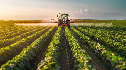 Tractor spraying pesticides on soybean field with sprayer at spring - obrazy, fototapety, plakaty