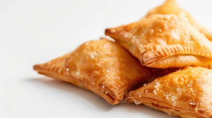 Traditional Israeli pastry Bourekas with cheese on white background with copy space.