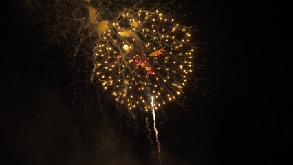 Fireworks glowing tails harmonical dance against darkness at party. Magical fireworks display with...