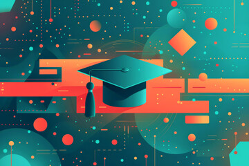 A vibrant, abstract illustration featuring a central graduation cap surrounded by a burst of colorful shapes and dynamic lines, symbolizing achievement and festivity. 