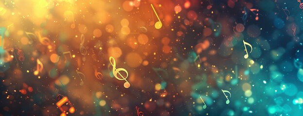 A group of musical notes floating in the air on a colorful background - obrazy, fototapety, plakaty