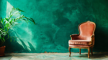 Retro 90's Emerald Wall Setting with Antique Velvet Chair
