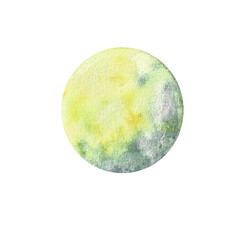 Full moon, object isolated on white background. Watercolor hand drawn illustration.