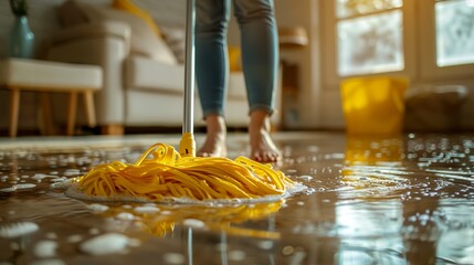a person with a mop on the floor of a house - obrazy, fototapety, plakaty