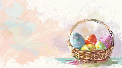 happy easter card with abstract pastel design and painted eggs in basket digital illustration