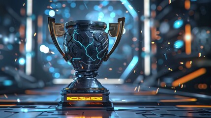 a shiny trophy sitting on top of a table in a room with red and blue lights behind it - 783378915