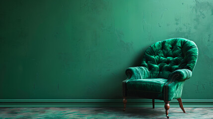 Antique Velvet Chair with Emerald Wall in 90's Decor Style
