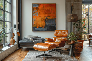 modern cozy living room with orange abstract art, luxurious brown leather chair, indoor plants, and natural light