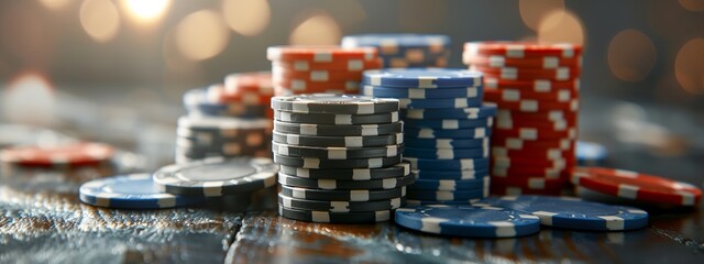 a pile of poker chips sitting on top of each other on a table - obrazy, fototapety, plakaty