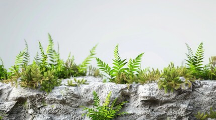 Wild fern plants that grow in gaps in rocks or wood. Weeds and Grass that lives in nature. Empty blank copy text space. Concept for World Environment Day and Earth Day.