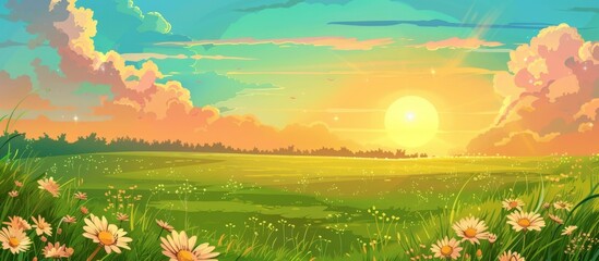 Daisies scattered across a serene field under the warm glow of a sunset painting