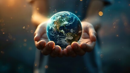 a person holding a small planet in their hands with a blurry background