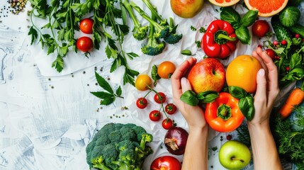 World food day, vegetarian day, Vegan day concept. Top view of woman hand covering fresh vegetables, fruit on white paper background.