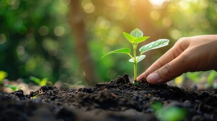 World soil day concept.Hand with green young plant growing in soil on nature background.planting trees back to the forest, Creating awareness for love wild, Wild plant concept. - obrazy, fototapety, plakaty