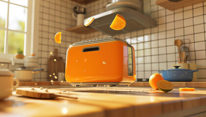 The teleporting toaster surprised everyone by popping up in random places around the kitchen. - obrazy, fototapety, plakaty