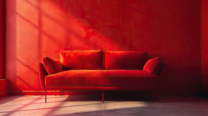 A bright red sofa in a bright red room.