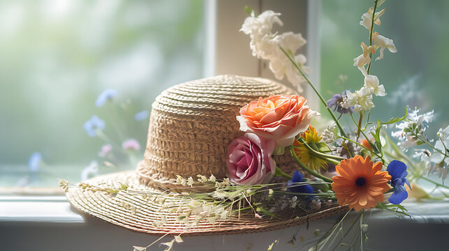 The image features a wide-brimmed straw hat adorned with an array of vibrant flowers.