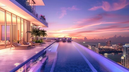 Naklejka premium impressive luxury penthouse terrace with infinity pool overlooking miami skyline at sunset 3d illustration