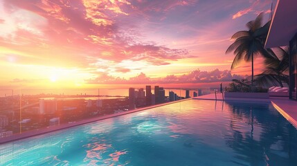 impressive luxury penthouse terrace with infinity pool overlooking miami skyline at sunset 3d illustration - obrazy, fototapety, plakaty
