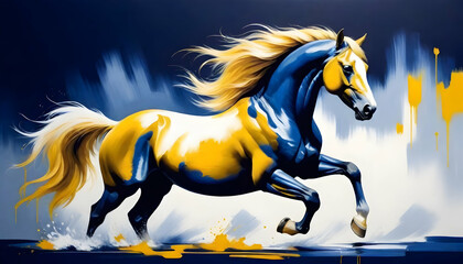 Beautiful image of a strong golden palomino horse captured in full gallop with a dramatic splashed blue background for a powerful effect - obrazy, fototapety, plakaty