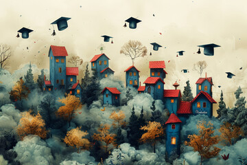Surreal illustration of floating graduation caps and whimsical houses among clouds, ideal for education themes. Graduation time in educational institutions.