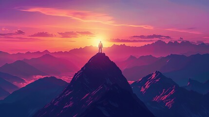 inspiring silhouette of a person standing on a mountain peak at sunset embracing freedom and achievement digital illustration
