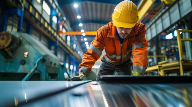 industrial steel quality control worker inspecting metal plates