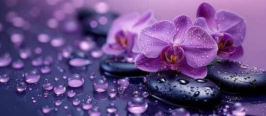 Spa treatment concept. Flowers of orchid and stones. Beautiful background with copy space