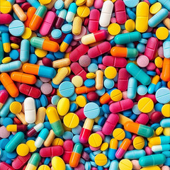 Fototapeta na wymiar さまざまな色や形のピルと錠剤。薬