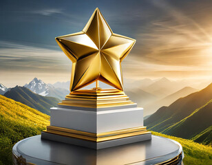 Gold five star rating trophy success award symbol on achievement 3d background of best customer feedback review winner prize or golden victory premium quality ranking rate and excellent satisfaction