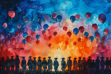 Silhouettes of graduates against a backdrop of colorful balloons, celebration concept. Graduation time in educational institutions. - obrazy, fototapety, plakaty