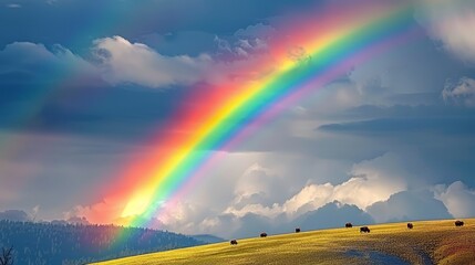   A rainbow, vibrant and radiant, arches over a grassy expanse dotted with trees and a prominent hill
