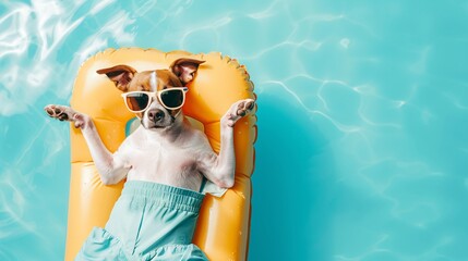 Top view of dog wearing sunglasses on swimming  mattress