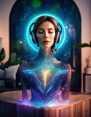 Woman meditating, neon hologram in headphones with external glow, cyber energy. - 783381395