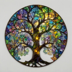fractal colorful stained glass tree on a white background.