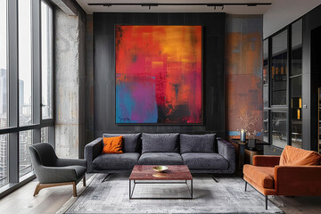 modern urban living room interior with abstract artwork, stylish furniture, and city view