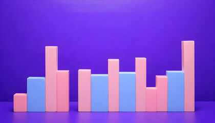 A minimalist 3D illustration of a bar graph with varying heights of pink and blue bars set against a solid purple backdrop for a modern and clean look