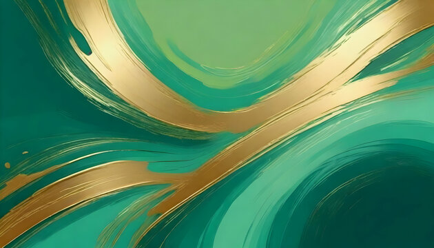 The image displays a fluid art pattern with green and gold colors, evoking a sense of luxury and organic movement