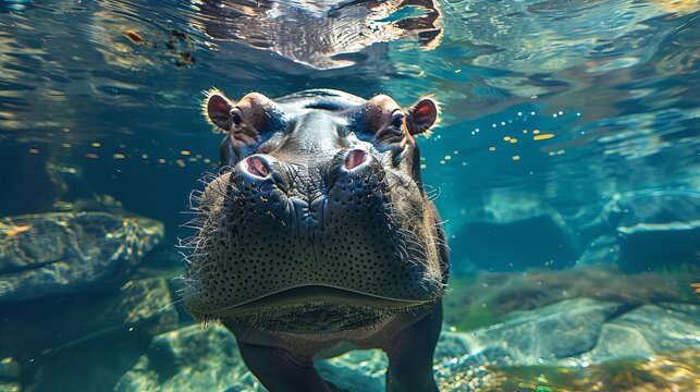 joyful hippo swimming in crystal clear water closeup portrait photograph